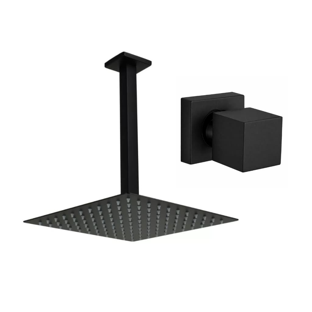 Kit Ducha Quadrada 20x20 Slim de teto + 1 Acabamento para Registro base deca Quadrado de 1/2 ou 3/4 Preto Fosco