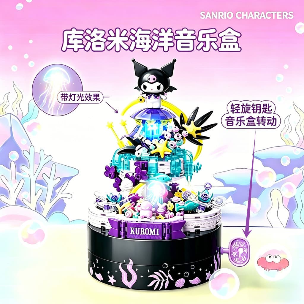 Caixa de música Secret Land Elf montada em blocos de construção Kuromi enfeites de cachorro canela