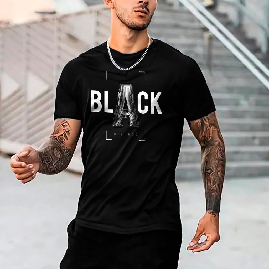 Camiseta Masculina Estampado Black Streetwear Camisa 100 % Algodão Premium Gola Redonda Estiloso