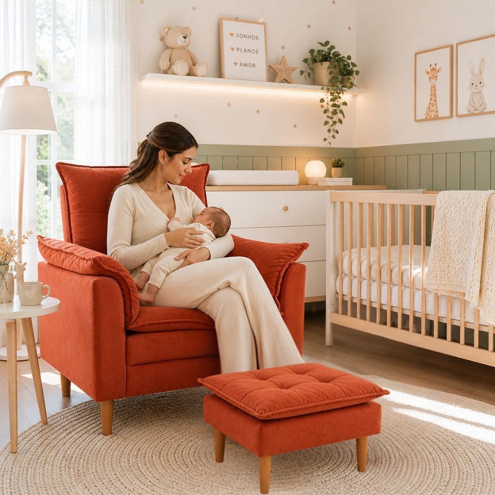 Poltrona Amamentação com Puff Confortável Moderna para Quarto Infantil Suede Terracota
