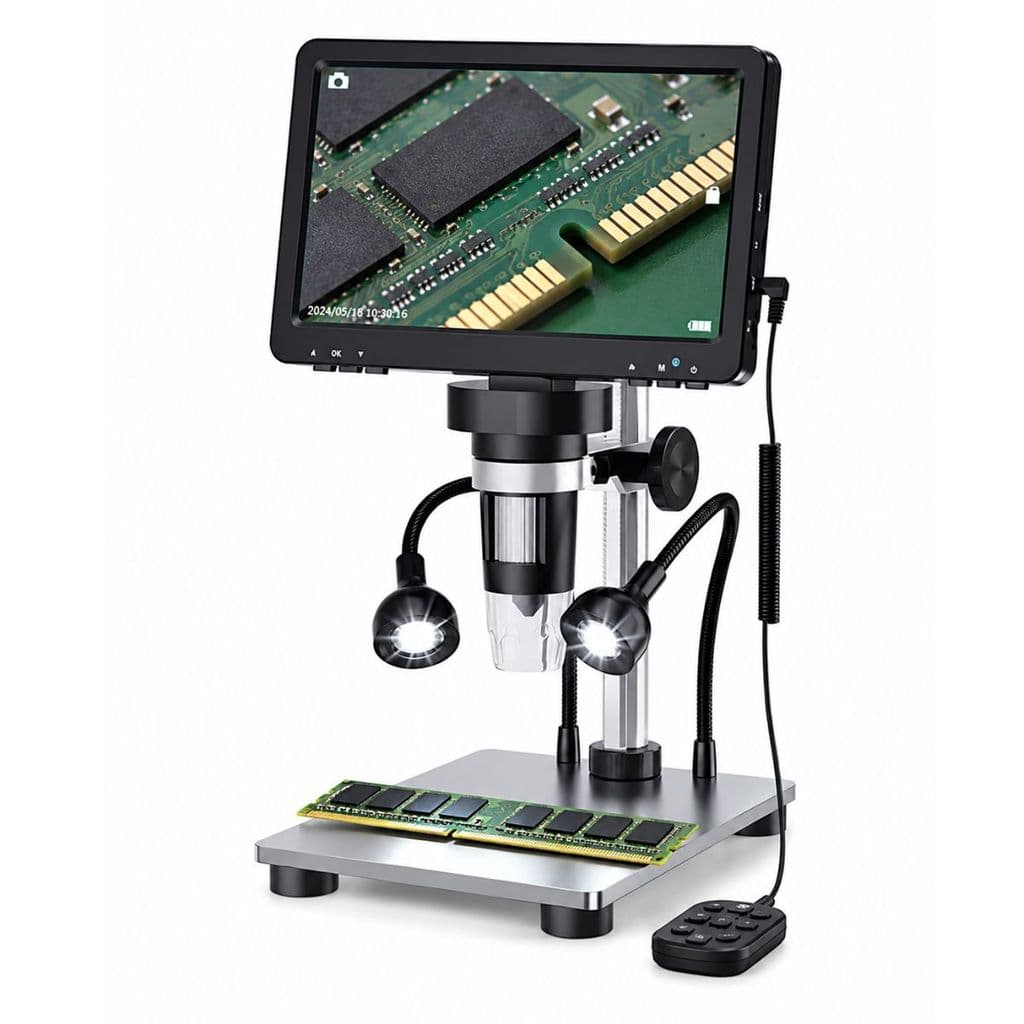 Microscópio Digital 1200X Tela 7 Polegadas 8 Luzes Led Bateria Recarregável