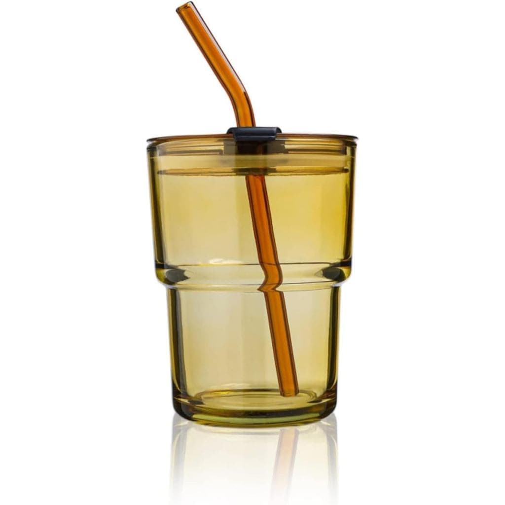 Copo de Vidro para Café Gelado de 13 OZ/400ML com Canudo e Tampa Selada para Transporte, Caneca de Vidro de Parede Gross