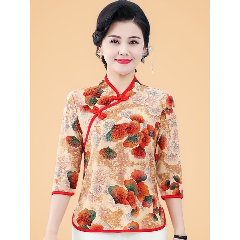 2026 verão novo estilo roupas da mãe melhorada Cheongsam camiseta de manga média Tang terno topo roupas femininas idosas