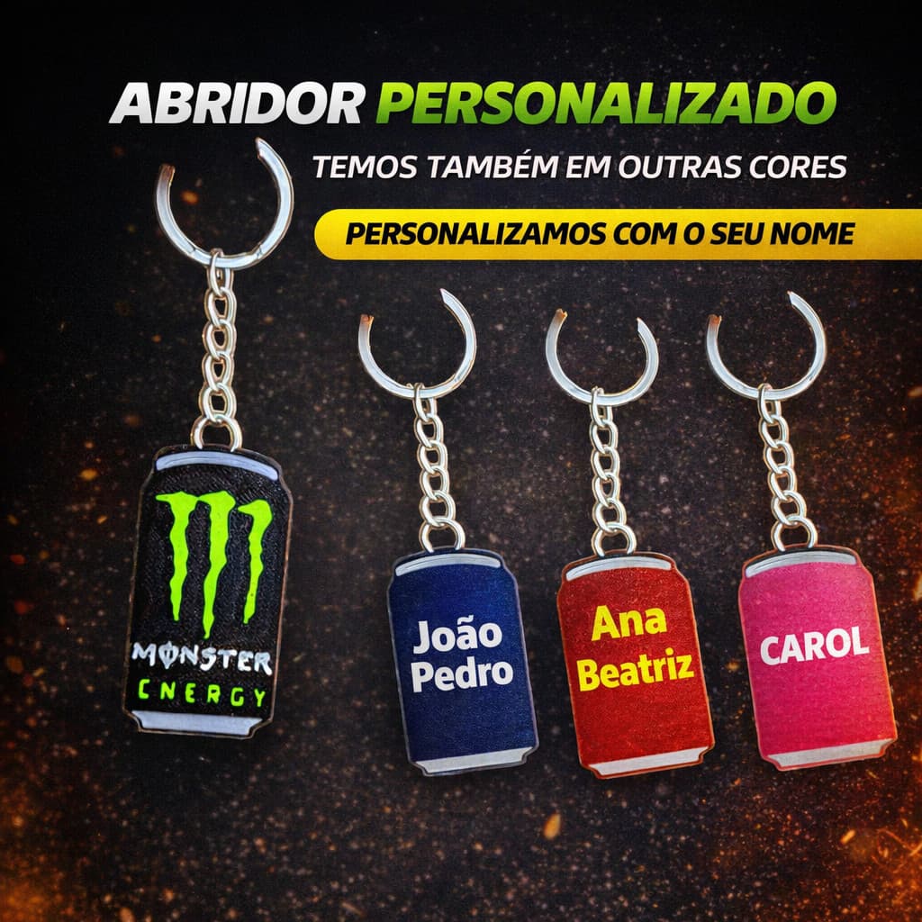 Chaveiro Abridor de Latas Monster Energy Personalizado com Nome - Várias Cores
