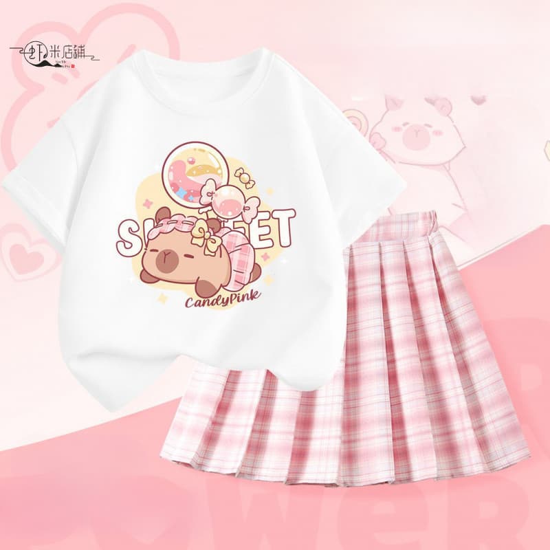 Conjunto de Capivara em Estilo Cartoon 2025 para Meninas com Blusa de Manga Curta e Saia Plissada Moda de Verão W4MR FWP