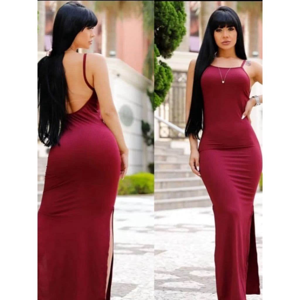 LONGO Vestido Feminino Com Bojo canelado longo Alcinha Decote Costa Nua fenda Lateral Várias Cores e tamanhos casual