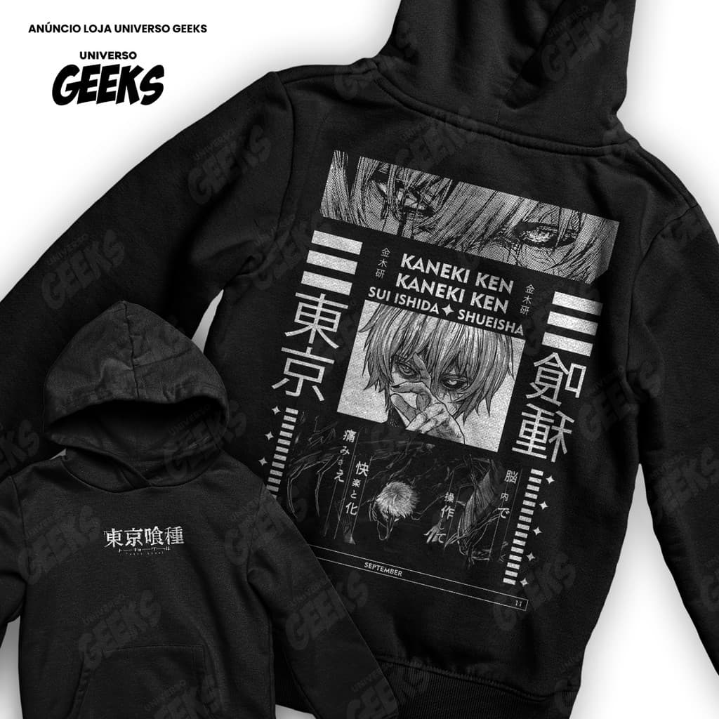 Moletom Kaneki Ken Tokyo Ghoul Sui Ishida Anime Manga Geek Preto Frente E Verso Blusa De Frio