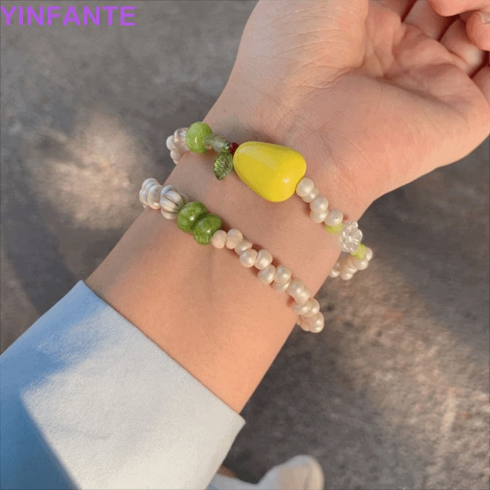 YINFANTEWN 2 Unidades/Conjunto Pulseira De Contas De Pêra , Joias Doces Empilhada De Frutas , Linda Corrente De Mão Boêm