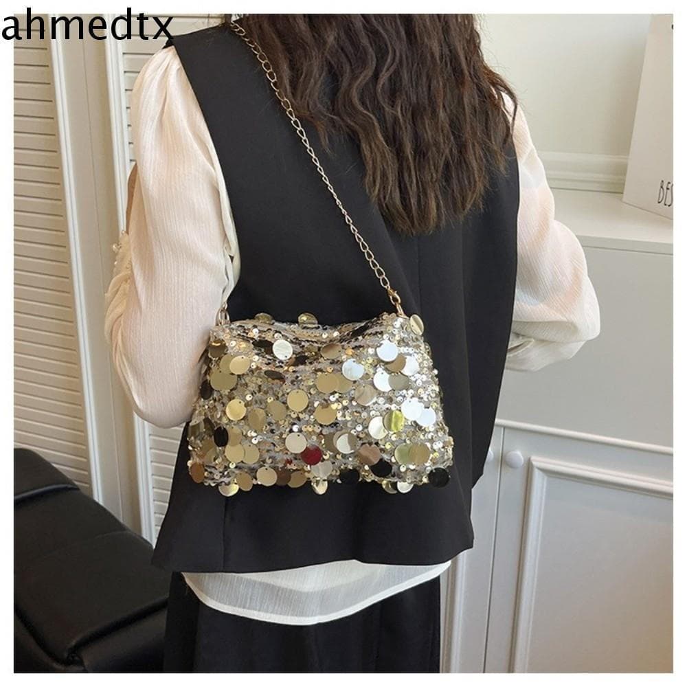 Bolsa Tote Com Corrente AHMEDTXB , De Ombro Elegante Lantejoulas Brilhantes Feminina Leve Portátil