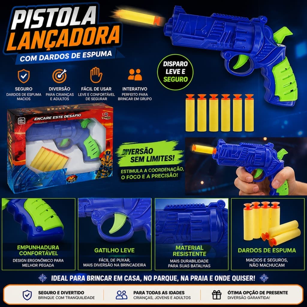 Lançador de Brinquedo Infantil com 18 Dardos Espuma Pronto para Brincar
