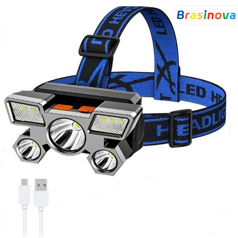 Lanterna de Cabeça 5 Led Luz Forte À Prova D 'Água USB Recarregável 4 Modos
