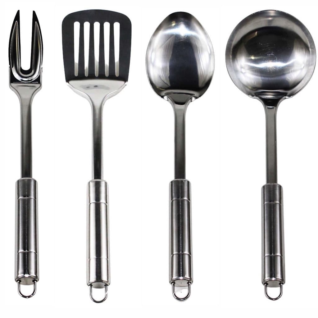 Kit Talheres Utensílios Inox Cromados 4 peças Colher Garfo Espátula Concha