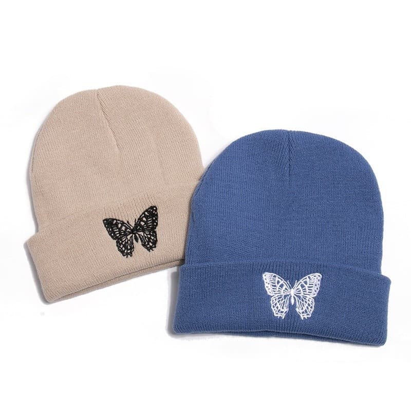 Gorro de Malha Fashion com Bordado de Borboleta, Chapéu de Inverno Quente para Esqui, Boné Elástico Macio, Touca Esporti