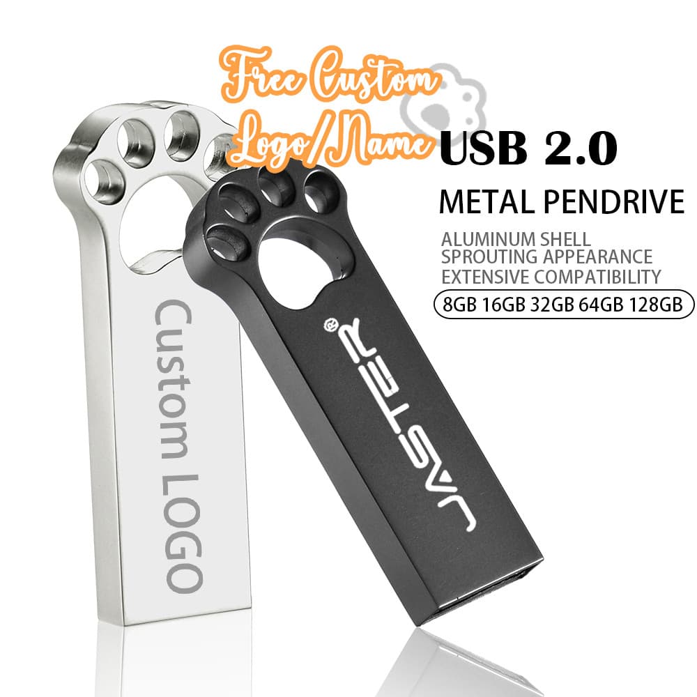 SHANDIAN Cat's Paw USB 2.0 Flash Drive 128GB Metal Pen 64GB Logotipo Personalizado Memory Stick 32GB Pendrive Fofo 16GB