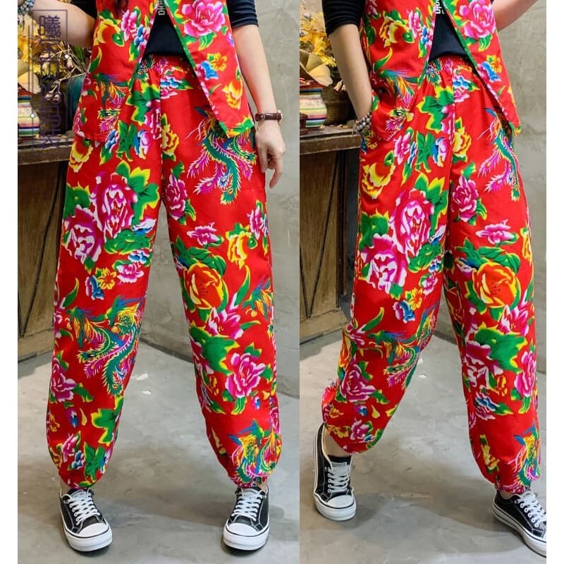 Nordeste grande flor pano algodão linho feminino estilo étnico Bloomers dança quadrada dois desempenho traje Tik Tok mes