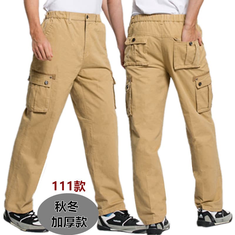Frete grátis quatro estações macacão masculino reto fino-ajuste Multi-saco calças de algodão puro elástico calças casuai