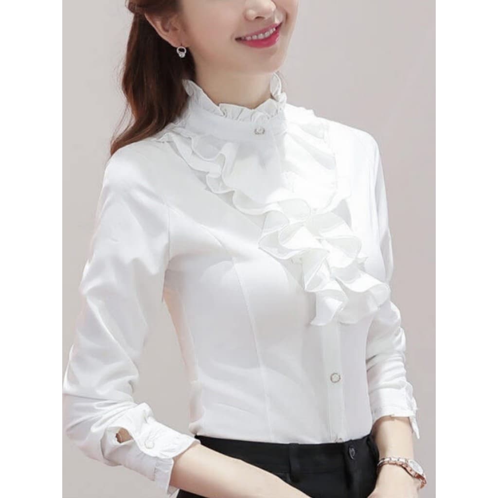 Novo estilo High-End renda gola alta camisa branca feminina de manga comprida 2026 primavera camisa de fundo moda magro-