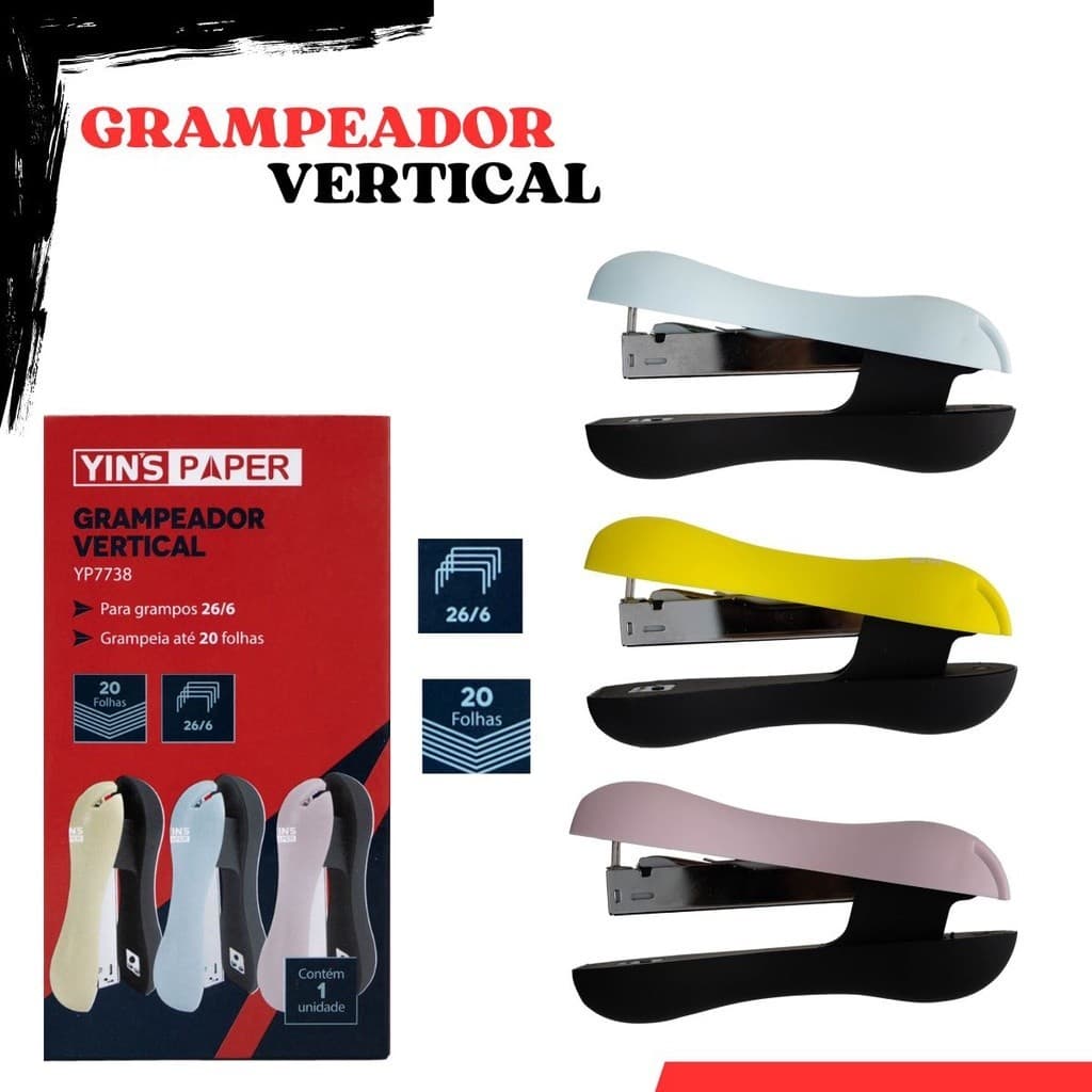 Grampeador Manua Vertical 26/6 grampeia até 20 folhas Cores Aleatórias