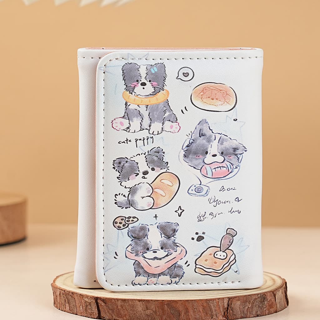 Original bonito dos desenhos animados gato cão Tri-fold carteira nicho feminino High-end estudante curto dobrável cartei