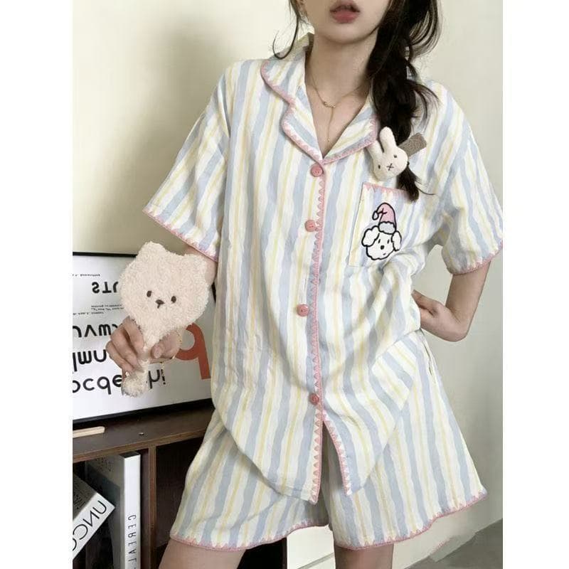 Pijama De Cachorro Listrado Verde Nuvem Algodão Manga Curta Shorts Roupa De Dormir Conjunto Feminino