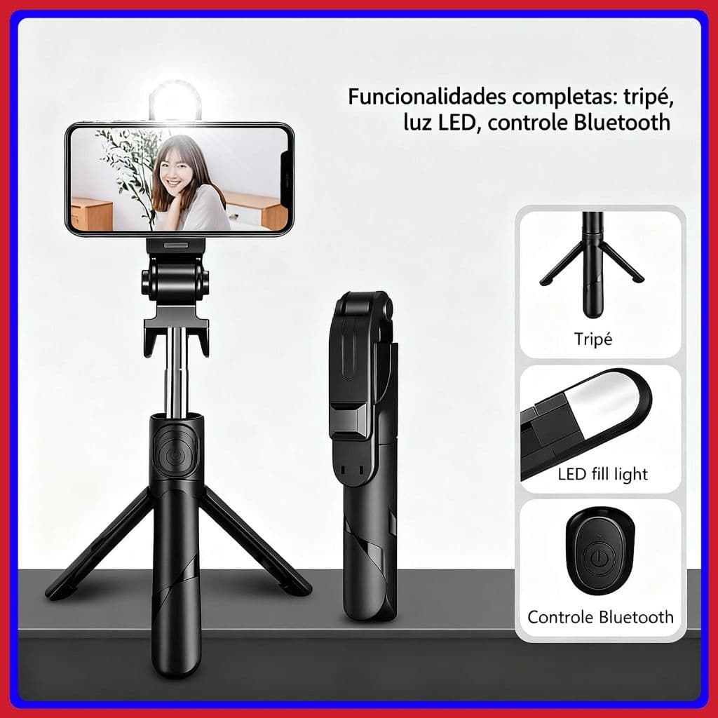 ripé Pau de Selfie com Luz LED, Controle Bluetooth, Retrátil – Ideal para Fotos e Vídeos