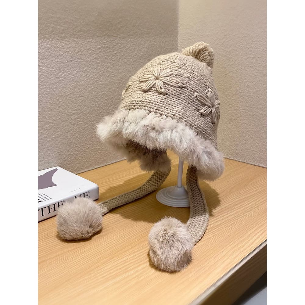 W inverno novo estilo forro de lã quente malha crochê chapéu de lã feminino bonito pelúcia fofo bola proteção de ouvido