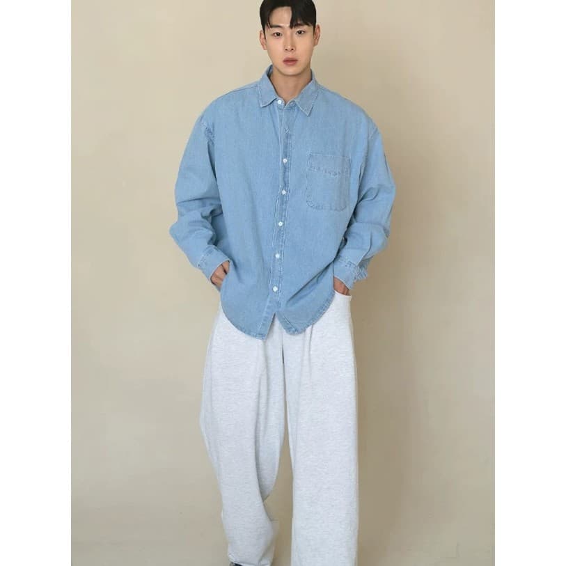 Coreia Dongdaemun camisa jeans masculina na moda bolso único manga comprida Cardigan pano duro resistente ao desgaste Ca