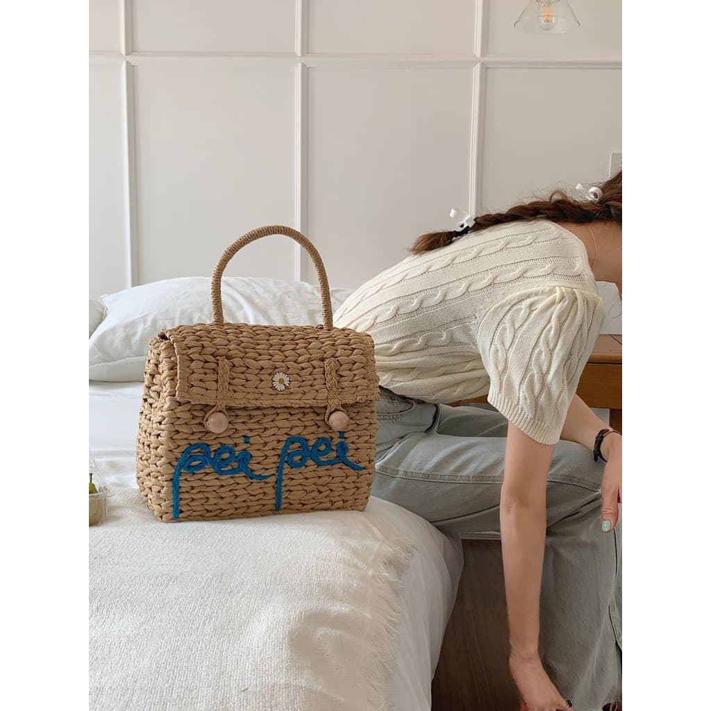 CHAWOOL nicho Retro portátil tecido saco High-End contas de madeira pequeno quadrado saco à beira-mar férias praia saco