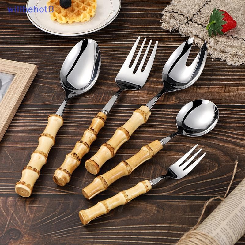 [WillbehotB] Colher De Servir Com Cabo Longo Garfo Aço Inoxidável Ouro Prata Bambu Madeira Salada Spork Sobremesa Conjun