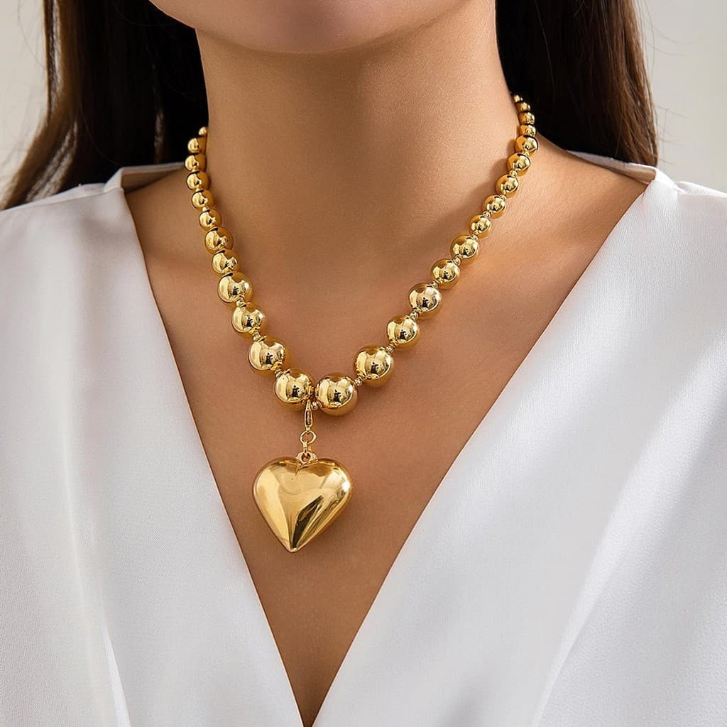 Colar Pingente Em Forma De Coração Vnox Round Bead Pendant , 18k Gold Big Choker Aço Inoxidável Para Acessórios De Moda