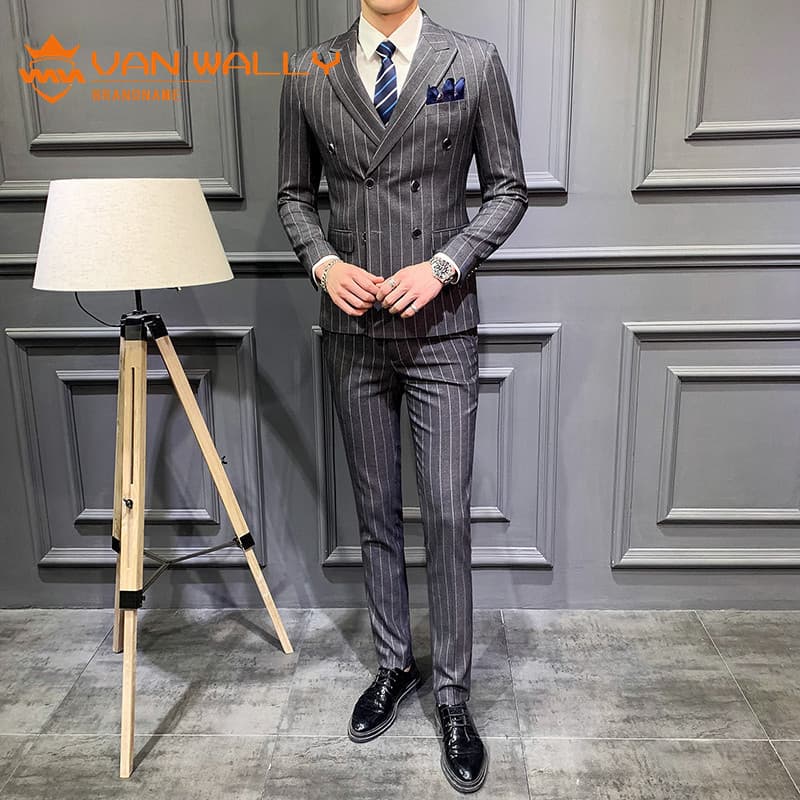 Primavera outono estilo duplo Breasted terno masculino negócios fino-ajuste listrado cinza terno de três peças terno noi