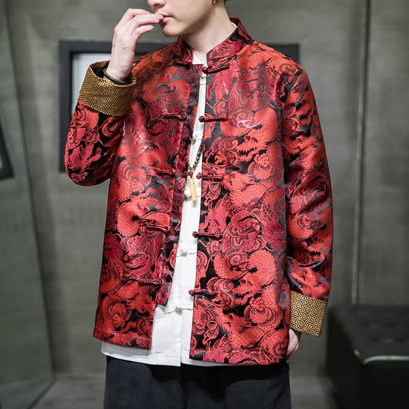 Outono inverno estilo dragão padrão Jacquard Hanfu jaqueta estilo chinês Retro fivela Tang terno jaqueta masculina solta