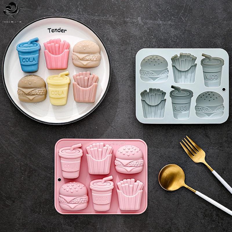 PFG 6 Buracos Hambúrguer Batatas Fritas Cola Molde De Silicone Fondant Doces Chocolate Sabão Geléia Resina Epóxi Ferrame