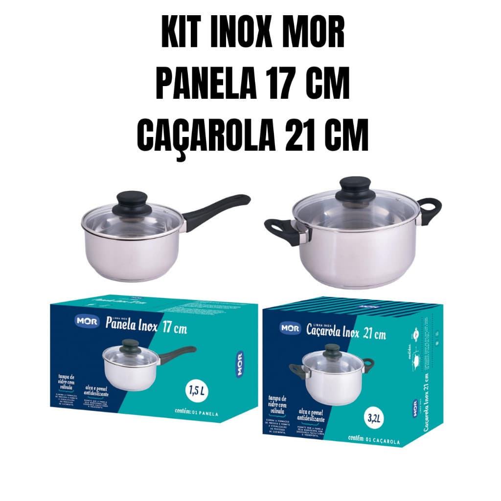Jogo de Panelas Inox MOR – Panela 17 cm + Caçarola 21 cm com Tampa de Vidro e Fundo Triplo