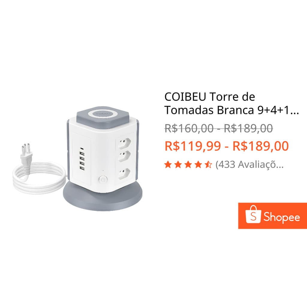 COIBEU Torre de Tomadas Branca 9+4+1 - 9 Tomadas + 4 USB + 1 Type-C Cabo 2m Proteção Contra Sobrecarga