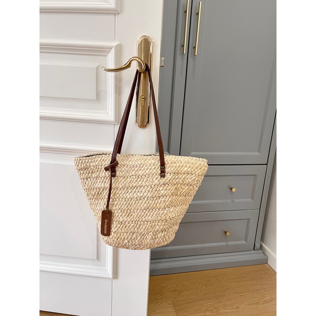 Bolsa de praia para férias de verão, grande capacidade, um ombro, zíper, sacola de palha, tecido à mão, estilo acampamen