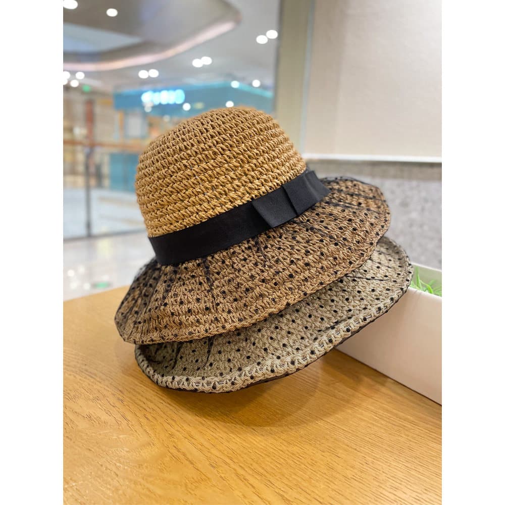 Versão coreana guarda-sol protetor solar bolinhas chapéu de palha feminino verão praia férias estilo fino respirável cha