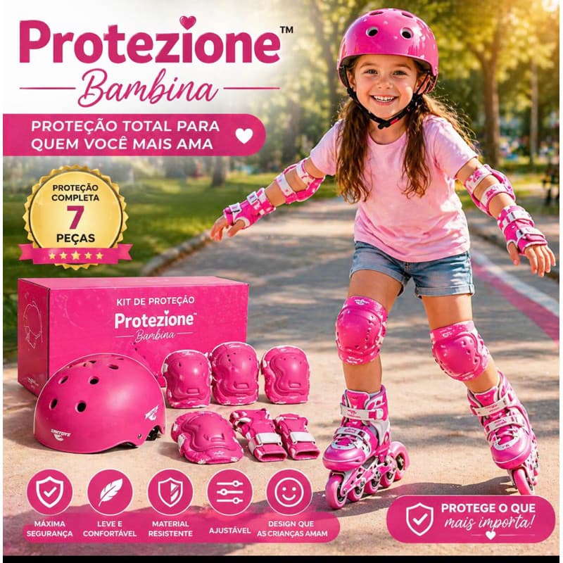 Kit Proteção Infantil Completo 7 Peças Rosa Capacete Joelheira Cotoveleira Munhequeira Ajustável Protezione Bambina