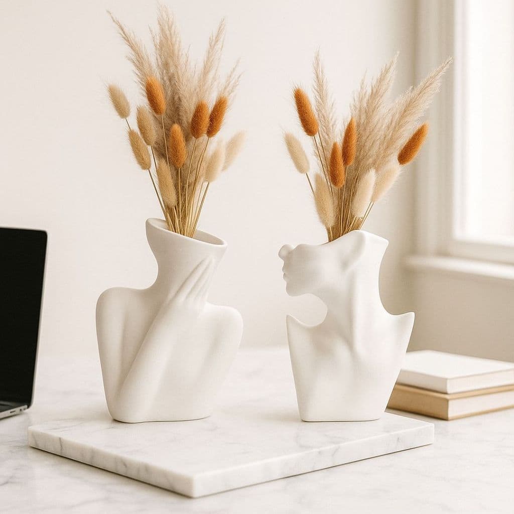 Conjunto 2 Vasos Brancos Estilo Clean Minimalista para Decoração de Sala e Escritório