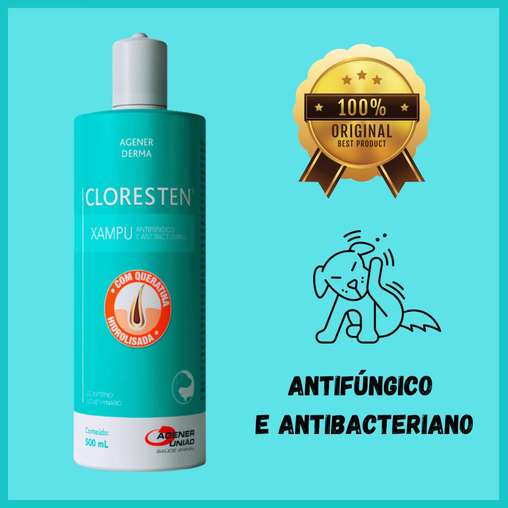 Shampoo Cloresten 500ml Antialérgico Antibacteriano Antifúngico Agener Dr Clean Pet Gato Cachorro XAMPU