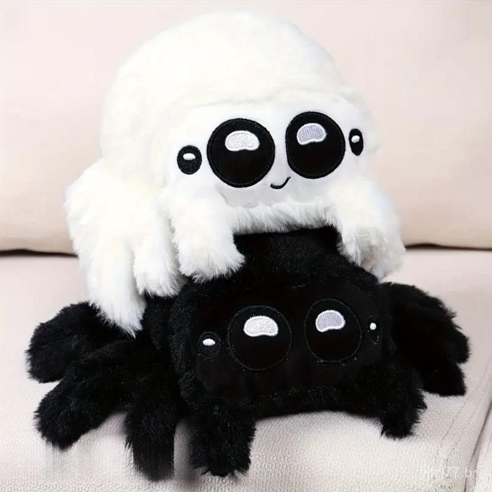 Brinquedo de pelúcia de aranha, boneco de desenho animado fofo, decoração macia em tons de cinza, branco e preto.