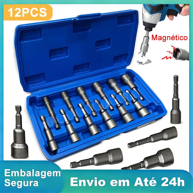 Jogo 12 Peças Pontas Soquete Magnético Tipo Cachimbo Chave Canhão Sextavado para Parafusadeira
