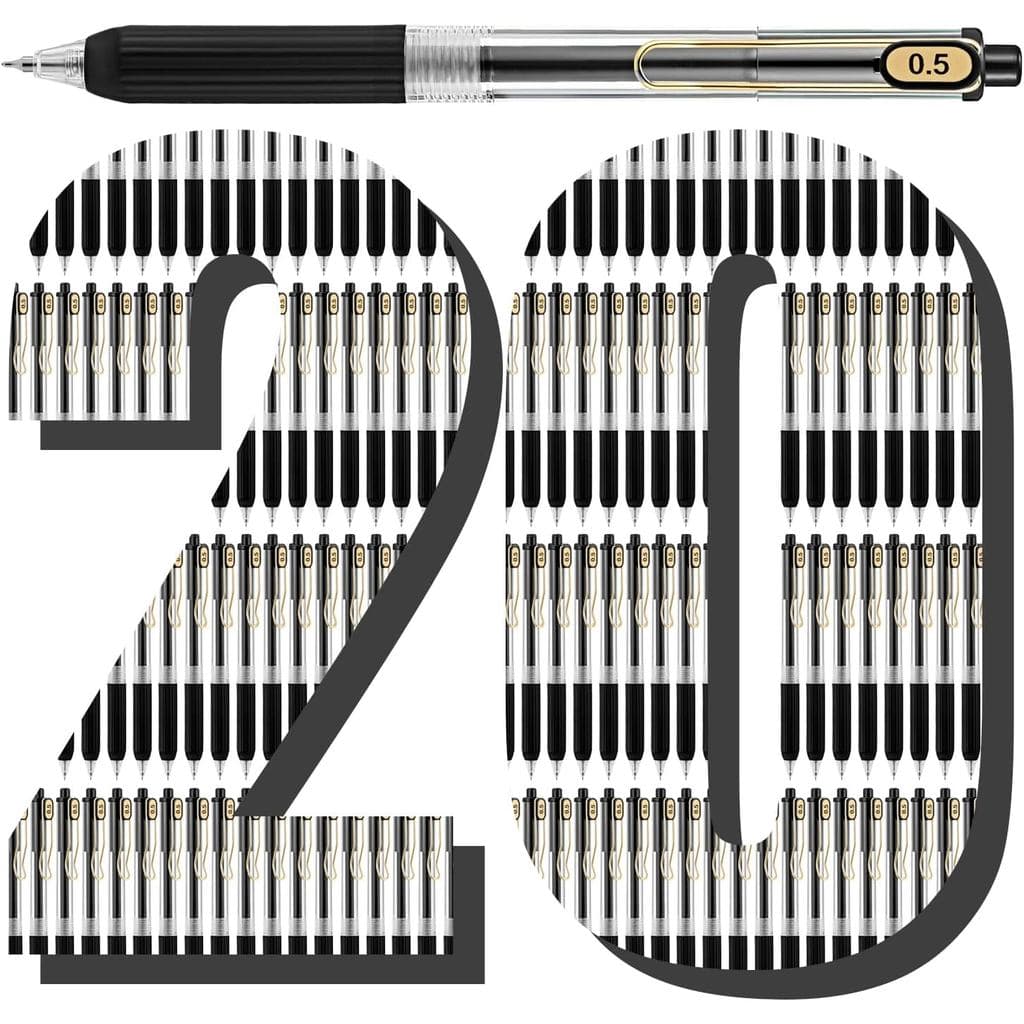 Aozora 20 Canetas Gel Pretas de Ponta Fina para Escrita Suave, Caneta Retrátil de Tinta Preta com Empunhadura Macia, 0,5