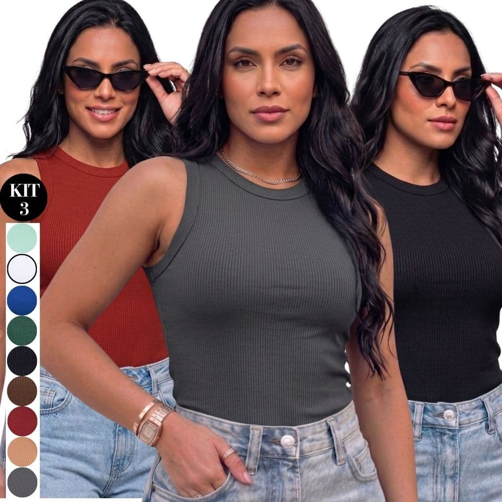 Kit 3 Regatas Femininas Caneladas Ribana Blogueira Academia Casual Alta Qualidade Premium
