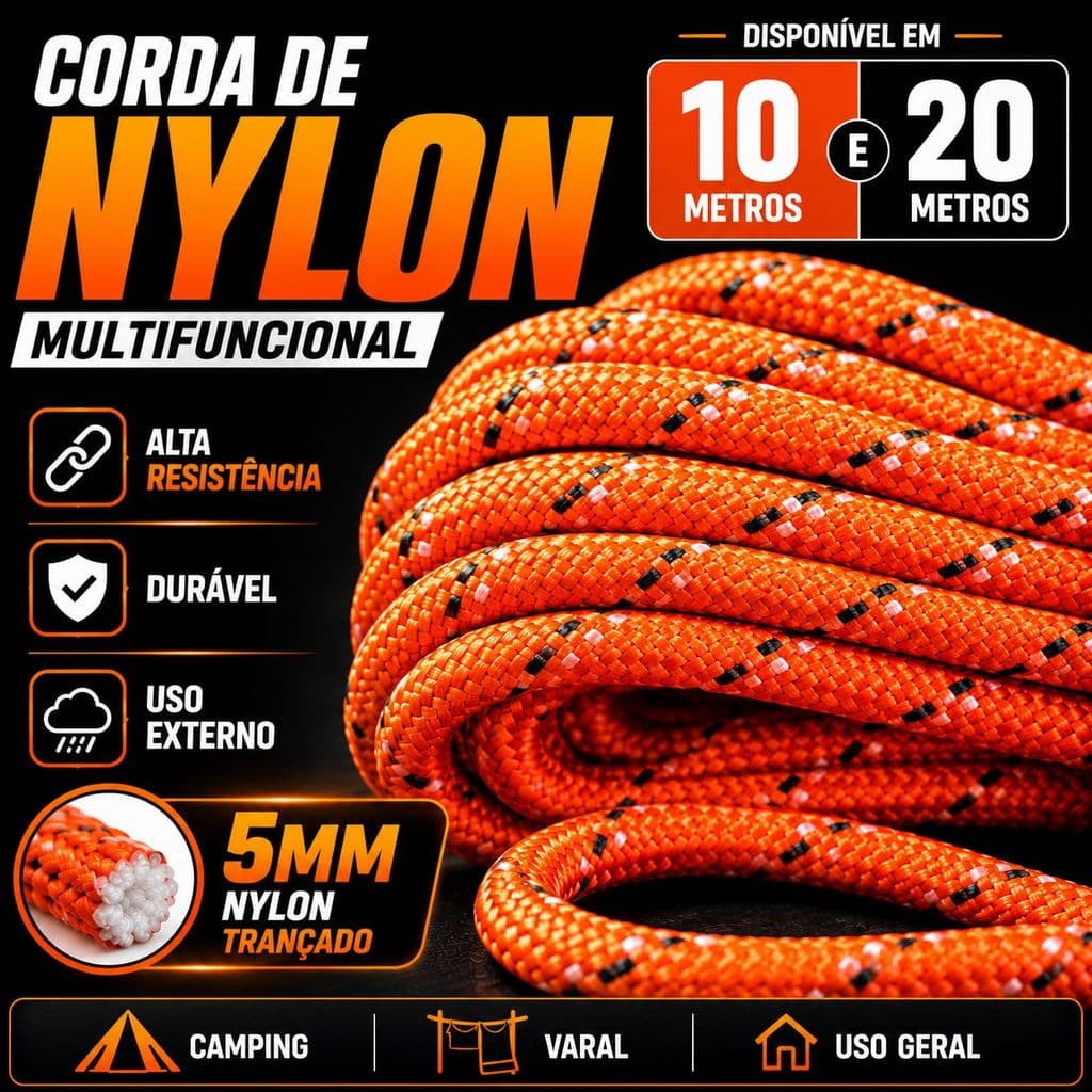 Corda Nylon Trançada 5mm 10m 20m Alta Resistência Multiuso Varal Camping Amarração Carga Reforçada