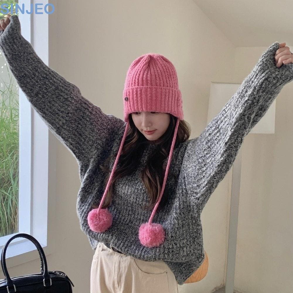 SINJEO Y2k Boné De Malha , Macio , Quente , À Prova De Vento , pom-, Kawaii , Casual , Grosso , Inverno , Gorro Feminino
