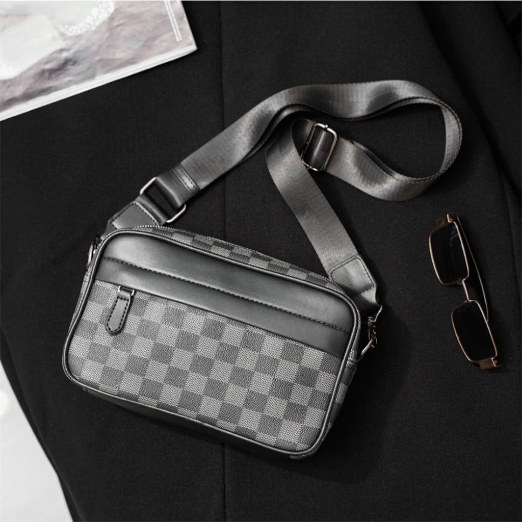 Bolsa Transversal Retangular Masculina em Couro PU de Alta Qualidade, Bolsa Xadrez, Bolsa de Ombro Impermeável WDKW
