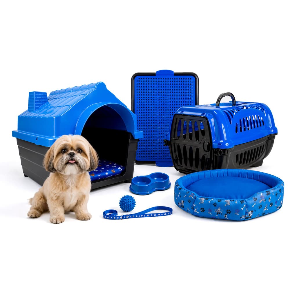 Kit Coleira Casinha Caixa De Transporte Cama Para Cachorro Pequeno Caminha Europa Comedouro