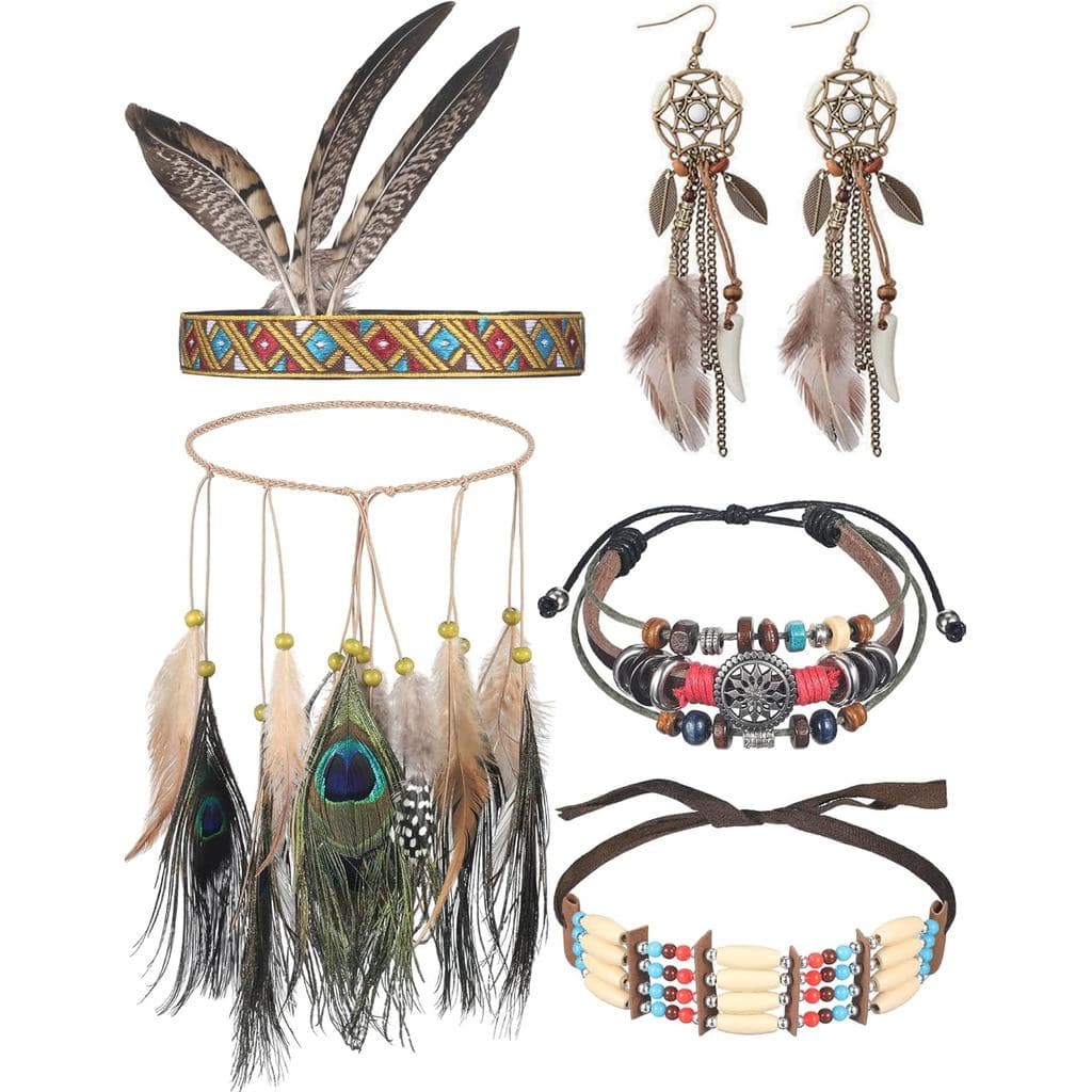 Conjunto de Joias Hicarer de 5 Peças, Estilo Nativo Americano Indiano, Inclui Tiara de Penas, Faixa de Cabelo com Penas