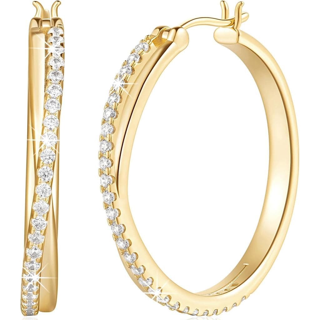 ELEBEST Hoop Earrings 14K Hoop Gold Earrings for Women Thick Large Diamond Hoops Earring Elegant X-shaped Gold Huggie Ea